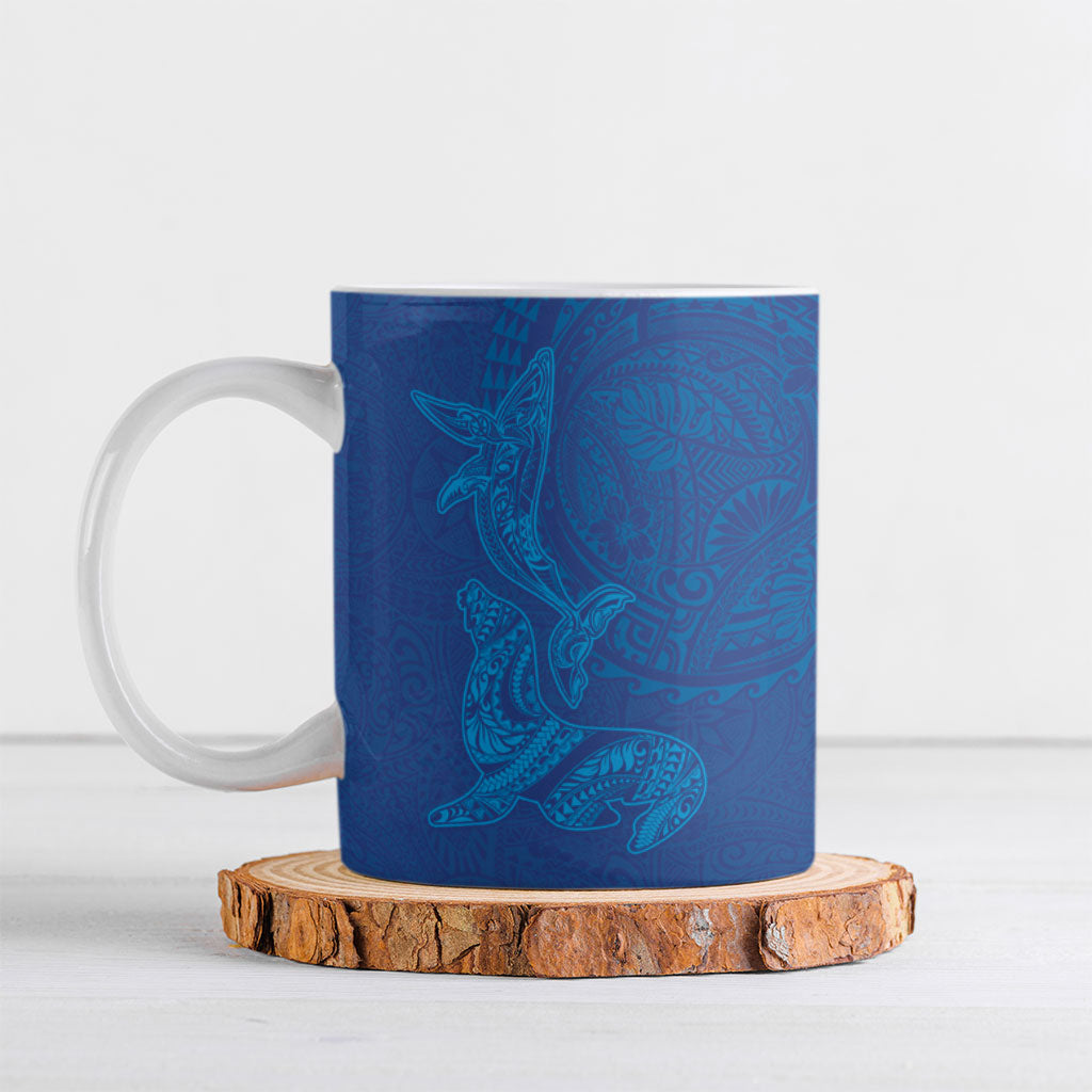 Hawaiian Monk Seal and Whale Ceramic Mug Kakau Tribal Pattern Blue Color LT03 Blue - Polynesian Pride