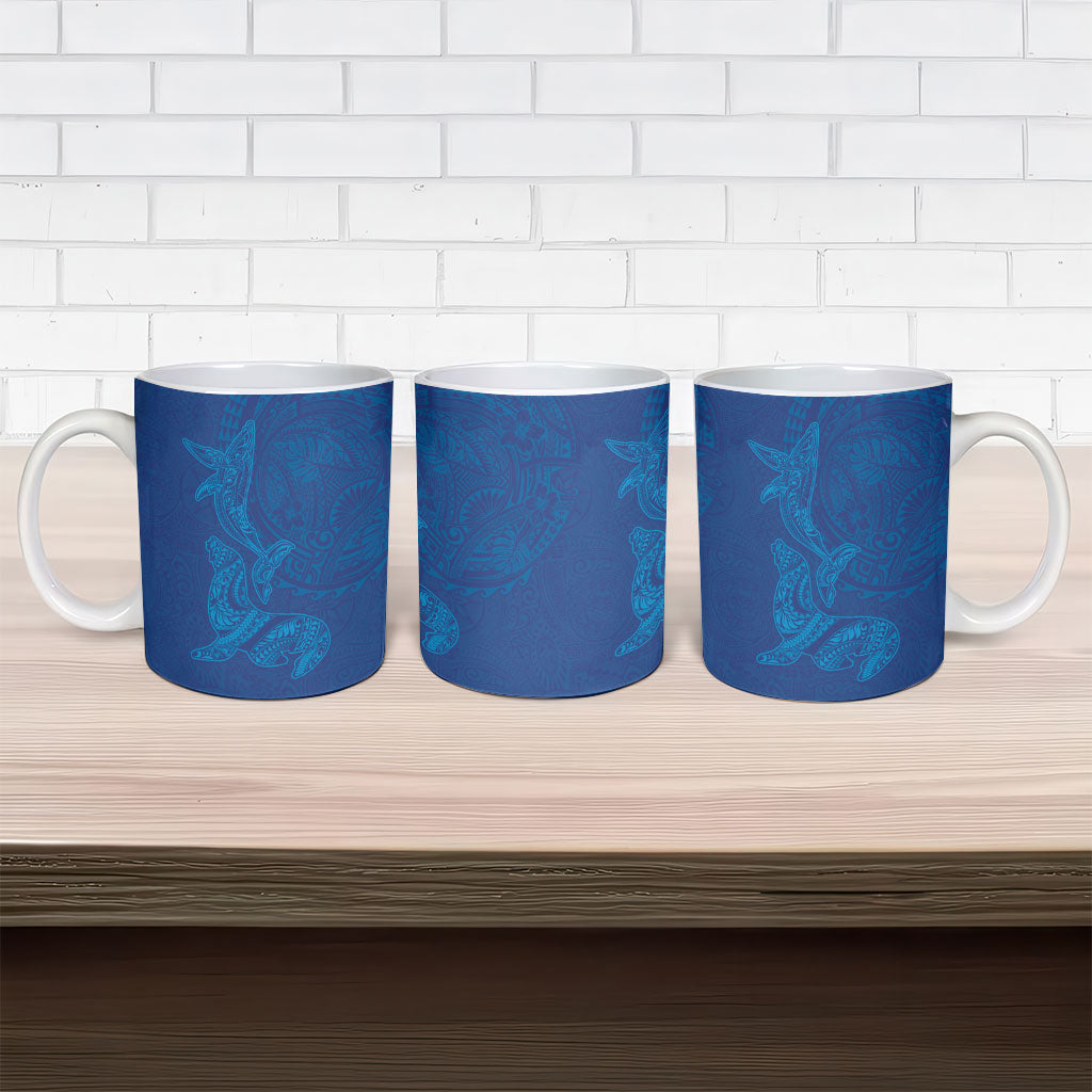 Hawaiian Monk Seal and Whale Ceramic Mug Kakau Tribal Pattern Blue Color LT03 - Polynesian Pride