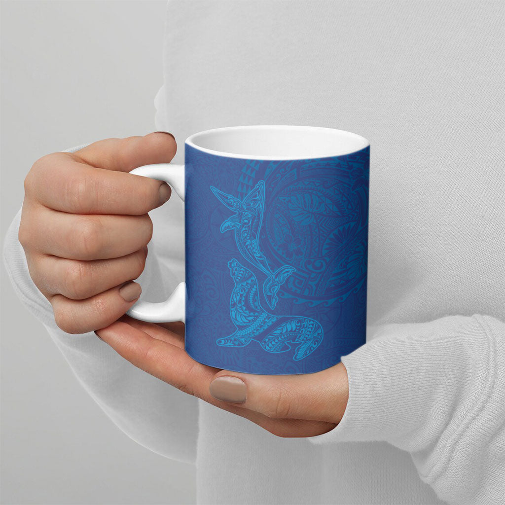 Hawaiian Monk Seal and Whale Ceramic Mug Kakau Tribal Pattern Blue Color LT03 - Polynesian Pride