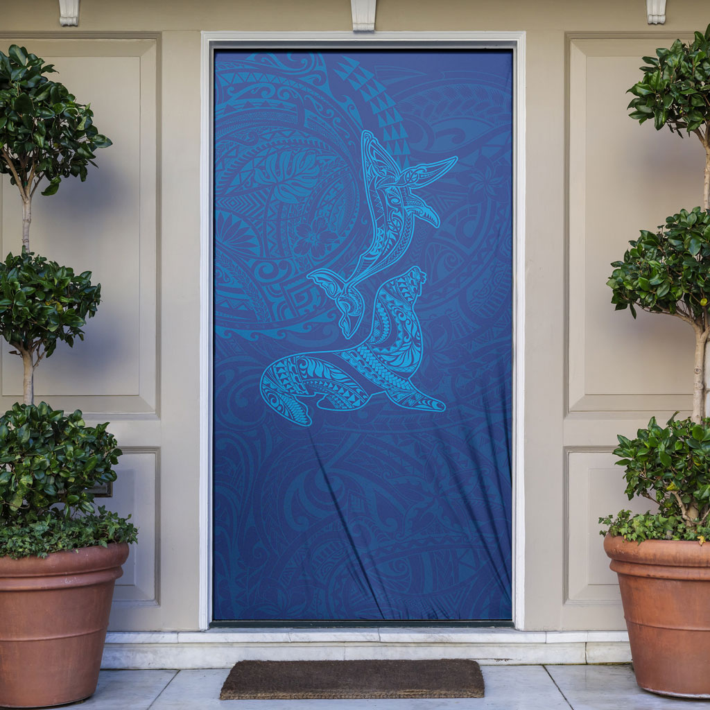 Hawaiian Monk Seal and Whale Door Cover Kakau Tribal Pattern Blue Color LT03 Blue - Polynesian Pride
