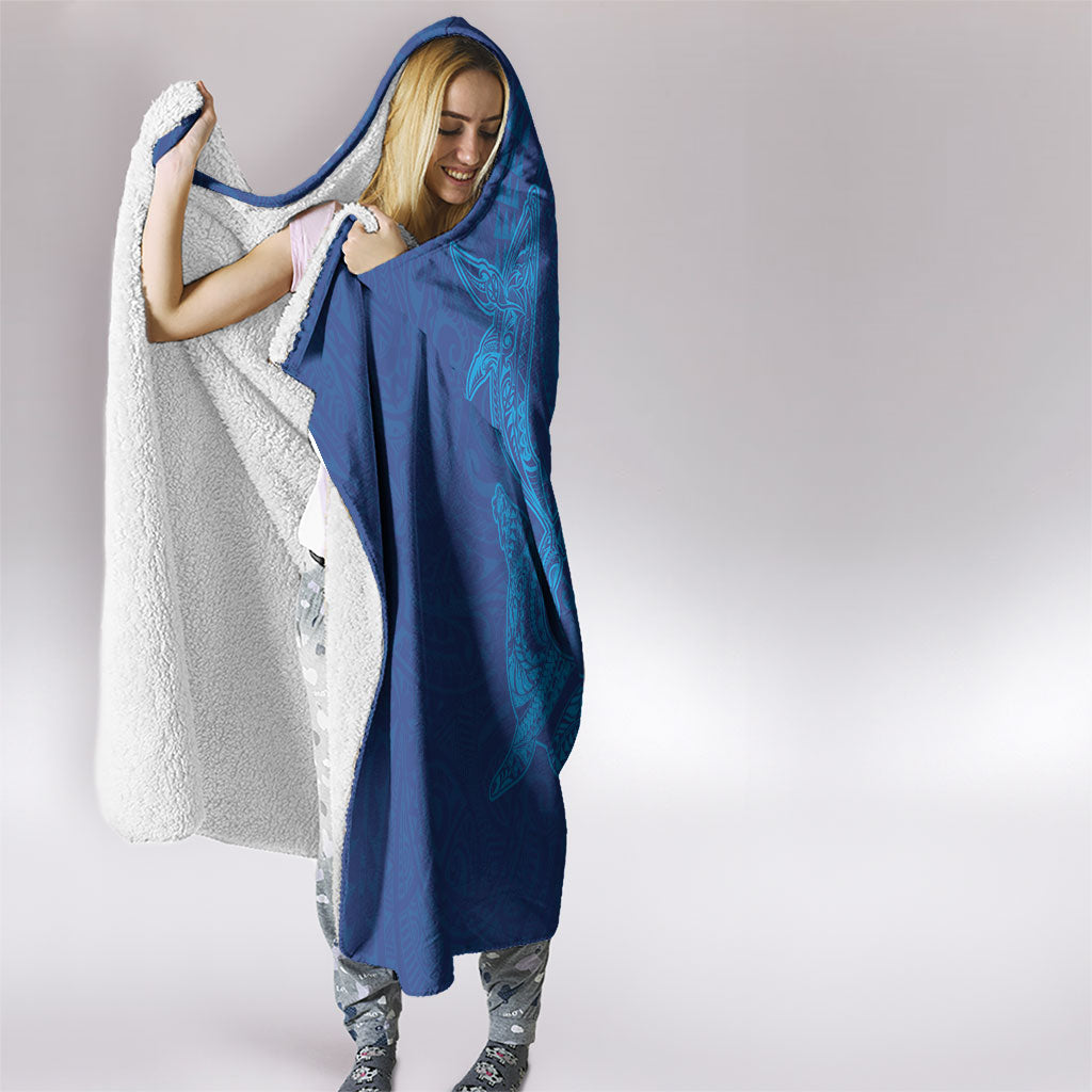 Hawaiian Monk Seal and Whale Hooded Blanket Kakau Tribal Pattern Blue Color LT03 - Polynesian Pride