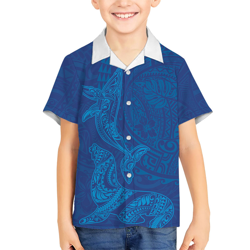 Hawaiian Monk Seal and Whale Kid Hawaiian Shirt Kakau Tribal Pattern Blue Color LT03 Kid Blue - Polynesian Pride