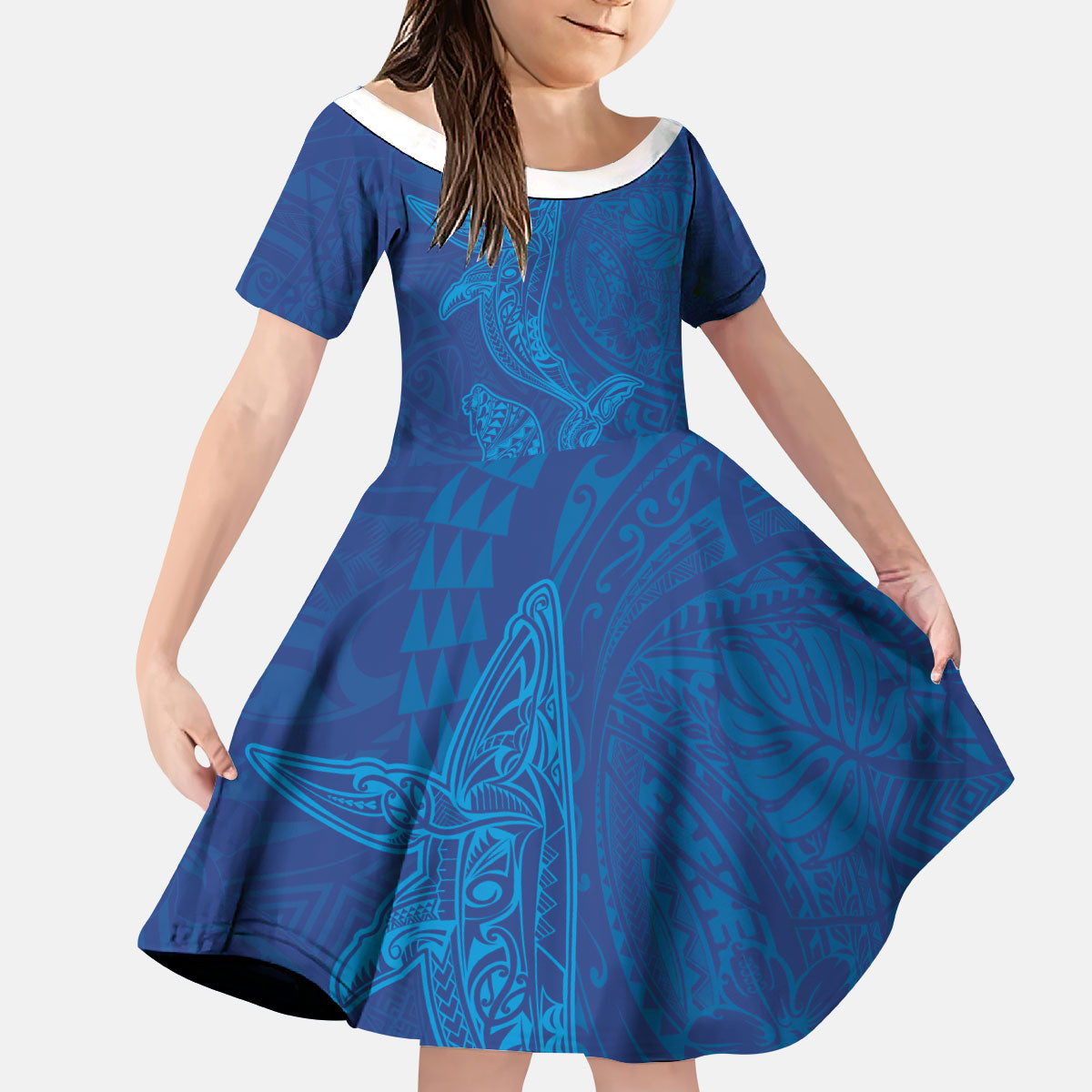 Hawaiian Monk Seal and Whale Kid Short Sleeve Dress Kakau Tribal Pattern Blue Color LT03 KID Blue - Polynesian Pride
