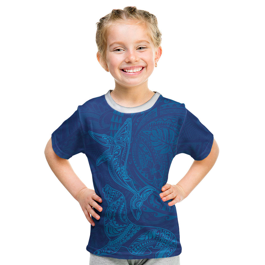 Hawaiian Monk Seal and Whale Kid T Shirt Kakau Tribal Pattern Blue Color LT03 Blue - Polynesian Pride