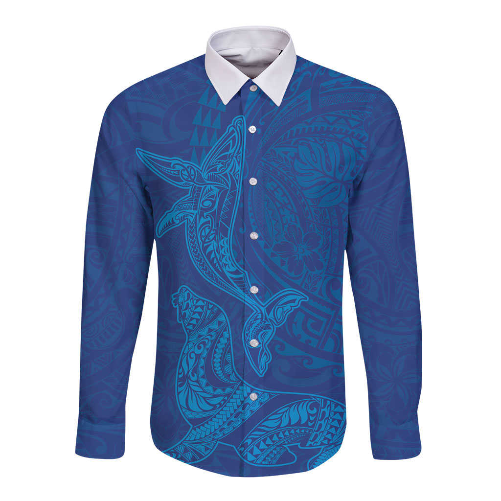 Hawaiian Monk Seal and Whale Long Sleeve Button Shirt Kakau Tribal Pattern Blue Color LT03 Unisex Blue - Polynesian Pride