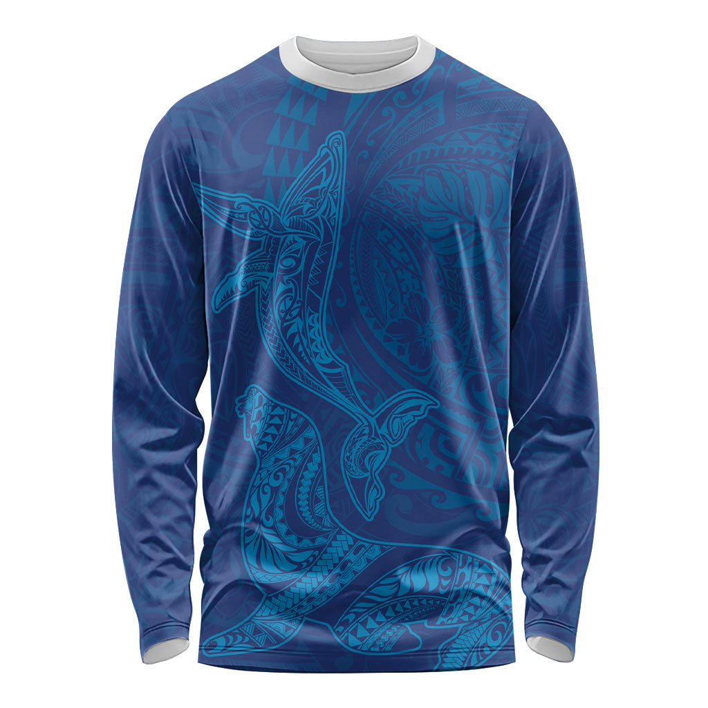 Hawaiian Monk Seal and Whale Long Sleeve Shirt Kakau Tribal Pattern Blue Color LT03 Unisex Blue - Polynesian Pride