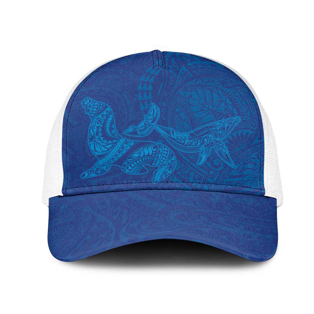 Hawaiian Monk Seal and Whale Mesh Trucker Cap Kakau Tribal Pattern Blue Color LT03 One Size White Blue - Polynesian Pride
