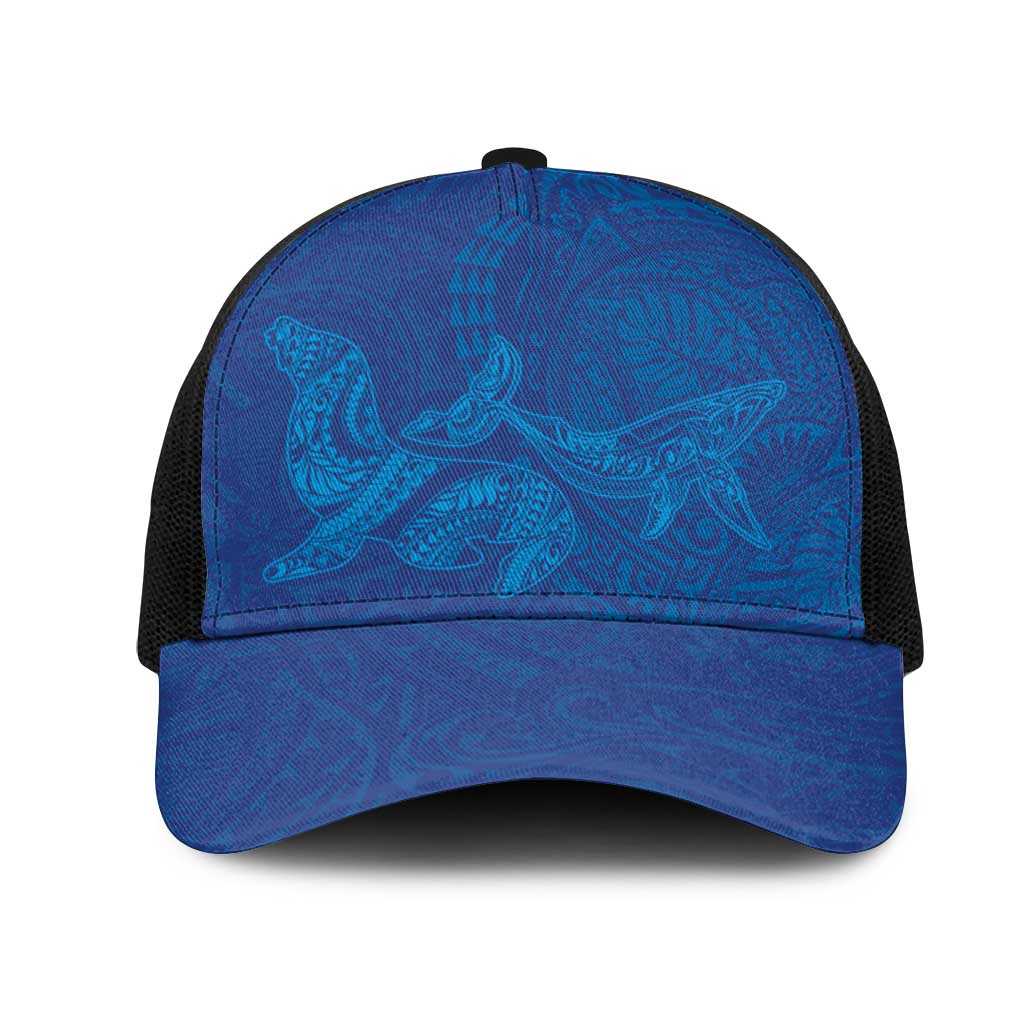 Hawaiian Monk Seal and Whale Mesh Trucker Cap Kakau Tribal Pattern Blue Color LT03 One Size Black Blue - Polynesian Pride