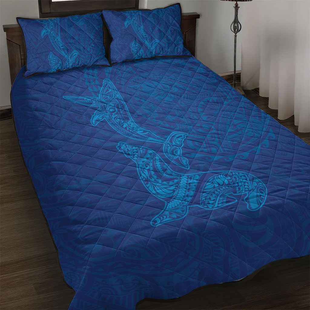 Hawaiian Monk Seal and Whale Quilt Bed Set Kakau Tribal Pattern Blue Color LT03 Blue - Polynesian Pride