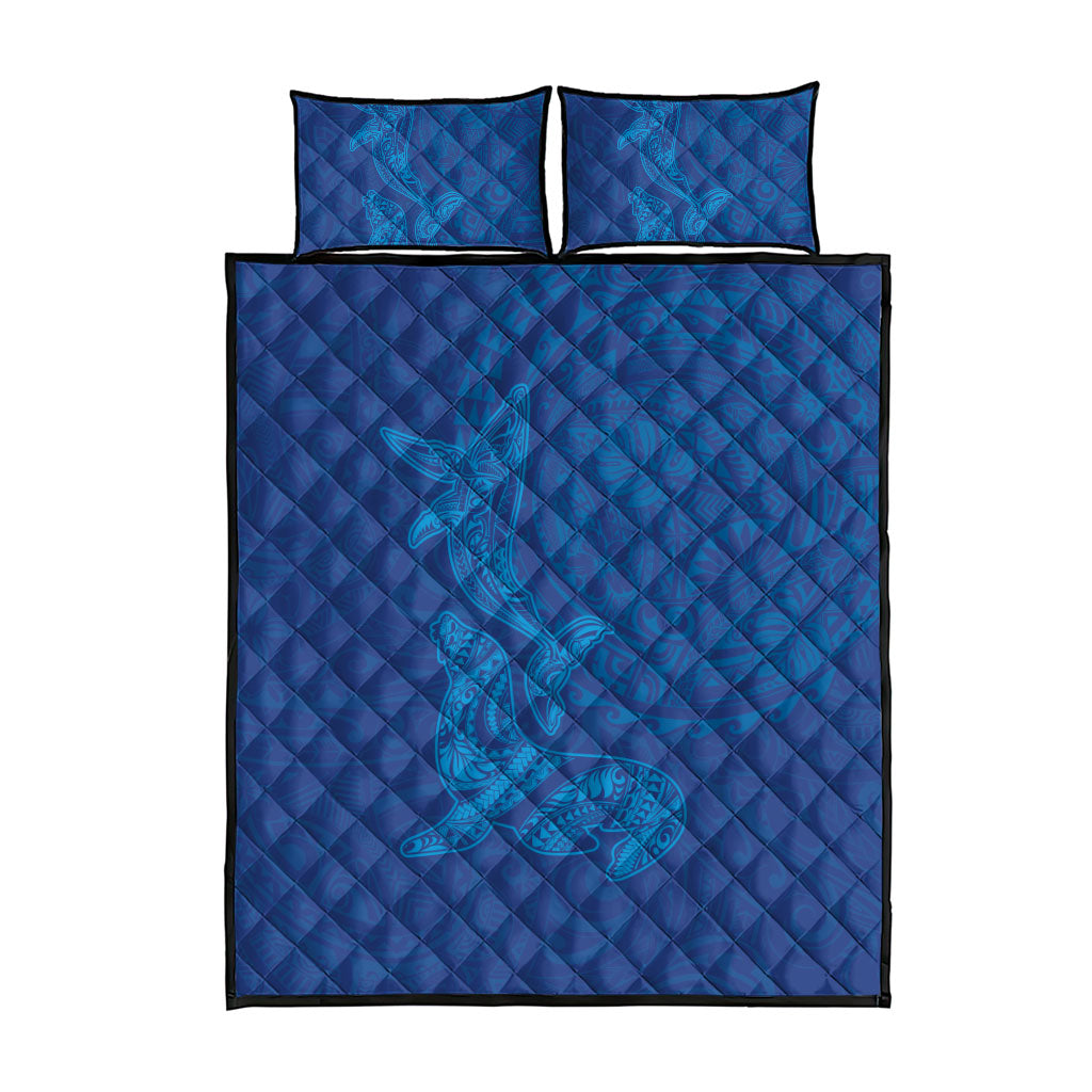 Hawaiian Monk Seal and Whale Quilt Bed Set Kakau Tribal Pattern Blue Color LT03 - Polynesian Pride