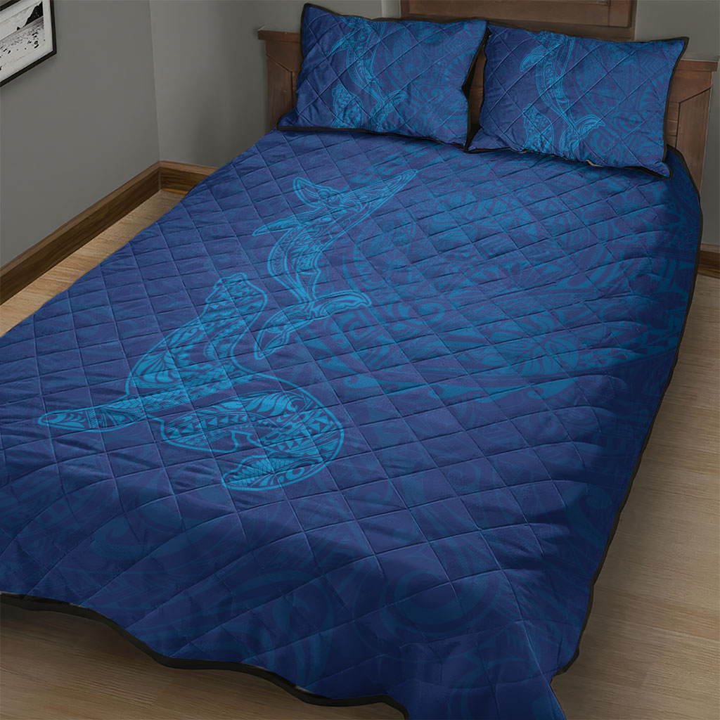 Hawaiian Monk Seal and Whale Quilt Bed Set Kakau Tribal Pattern Blue Color LT03 - Polynesian Pride