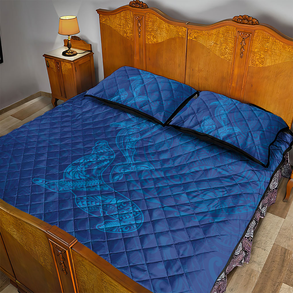 Hawaiian Monk Seal and Whale Quilt Bed Set Kakau Tribal Pattern Blue Color LT03 - Polynesian Pride