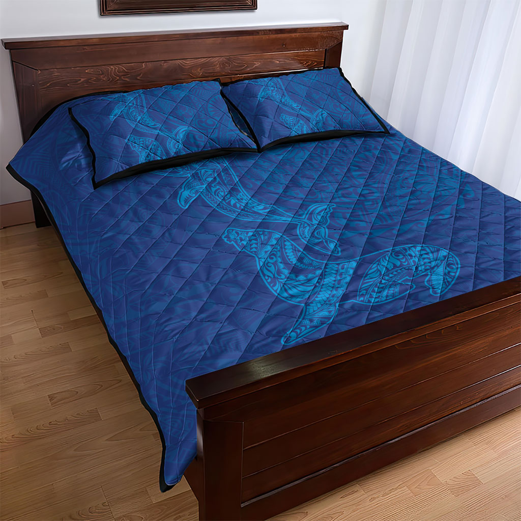 Hawaiian Monk Seal and Whale Quilt Bed Set Kakau Tribal Pattern Blue Color LT03 - Polynesian Pride