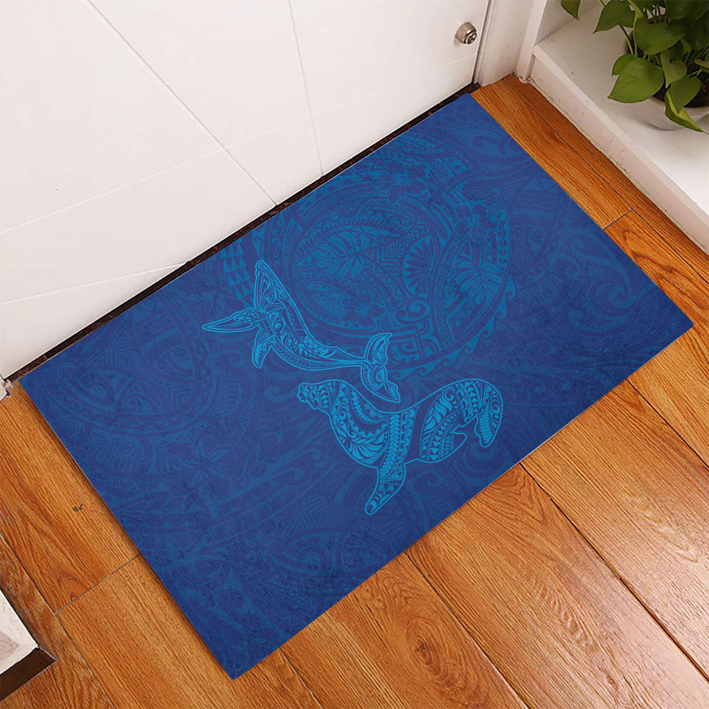 Hawaiian Monk Seal and Whale Rubber Doormat Kakau Tribal Pattern Blue Color LT03 - Polynesian Pride