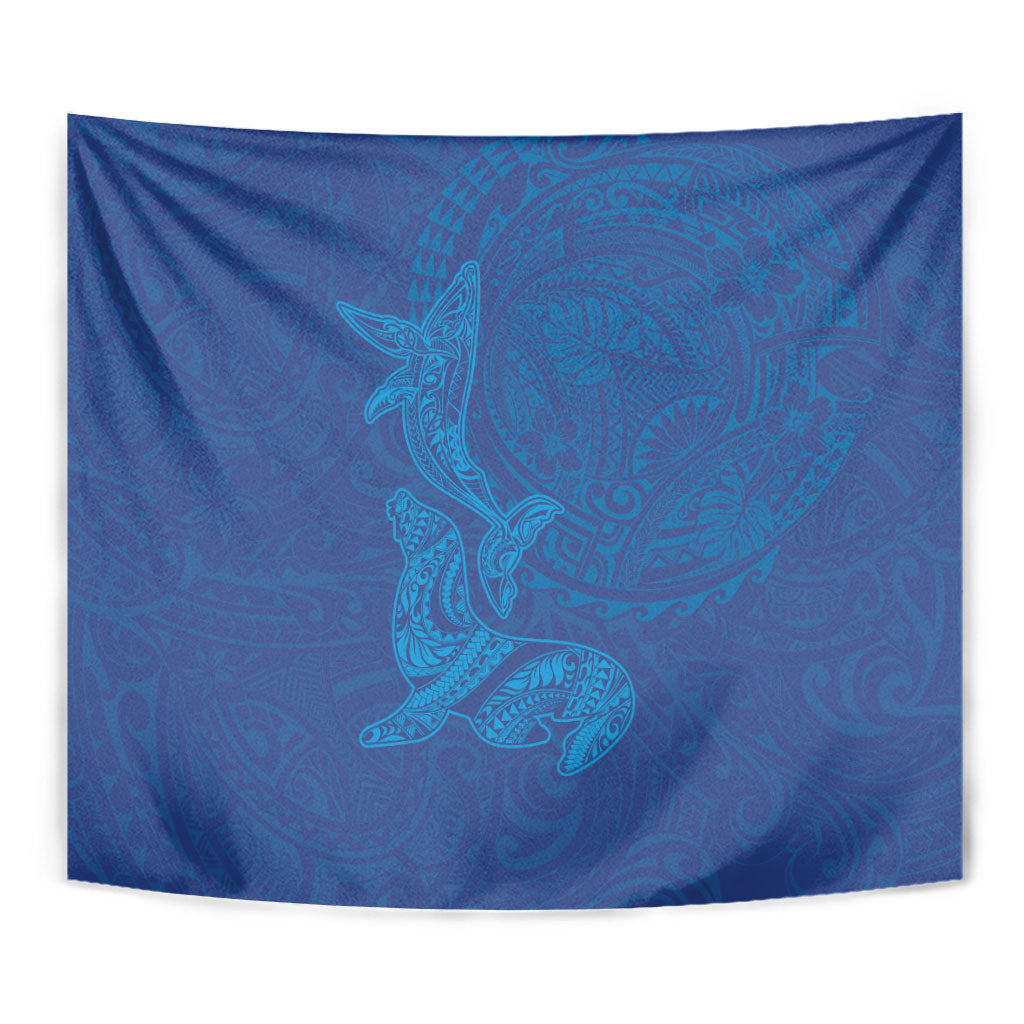 Hawaiian Monk Seal and Whale Tapestry Kakau Tribal Pattern Blue Color LT03 - Polynesian Pride