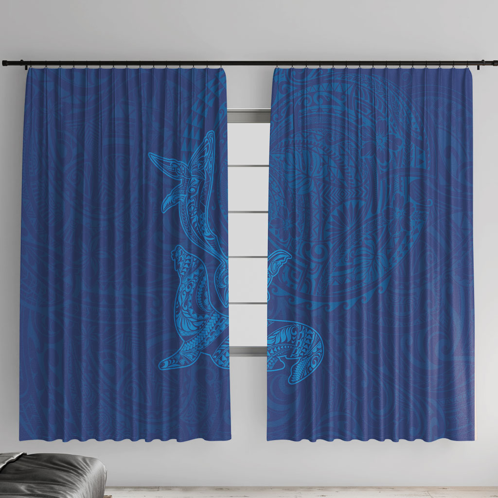 Hawaiian Monk Seal and Whale Window Curtain Kakau Tribal Pattern Blue Color LT03 With Hooks Blue - Polynesian Pride