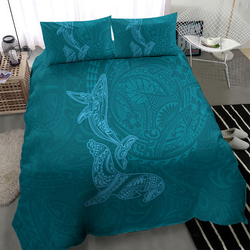 Hawaiian Monk Seal and Whale Bedding Set Kakau Tribal Pattern Teal Color LT03 - Polynesian Pride