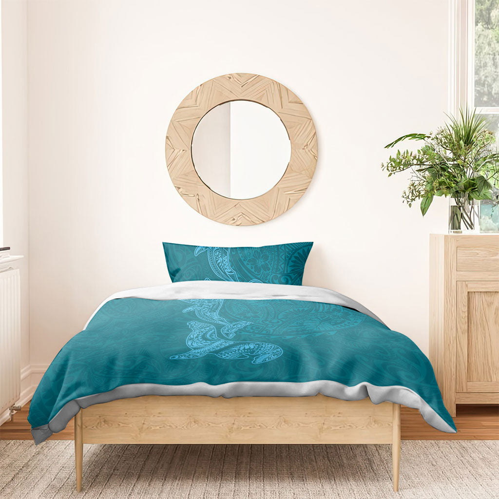 Hawaiian Monk Seal and Whale Bedding Set Kakau Tribal Pattern Teal Color LT03 - Polynesian Pride