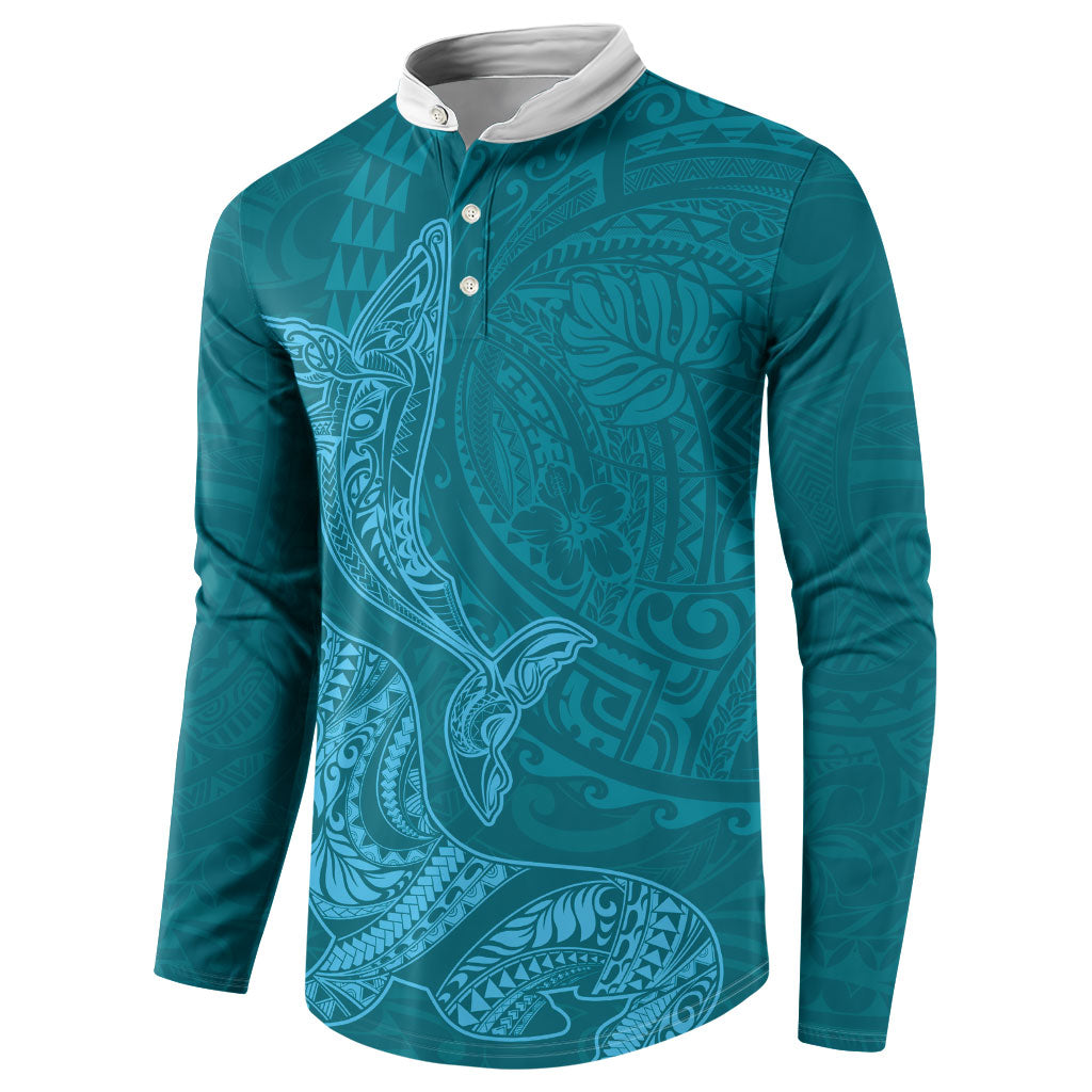 Hawaiian Monk Seal and Whale Button Sweatshirt Kakau Tribal Pattern Teal Color LT03 - Polynesian Pride