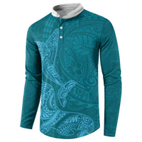 Hawaiian Monk Seal and Whale Button Sweatshirt Kakau Tribal Pattern Teal Color LT03 - Polynesian Pride
