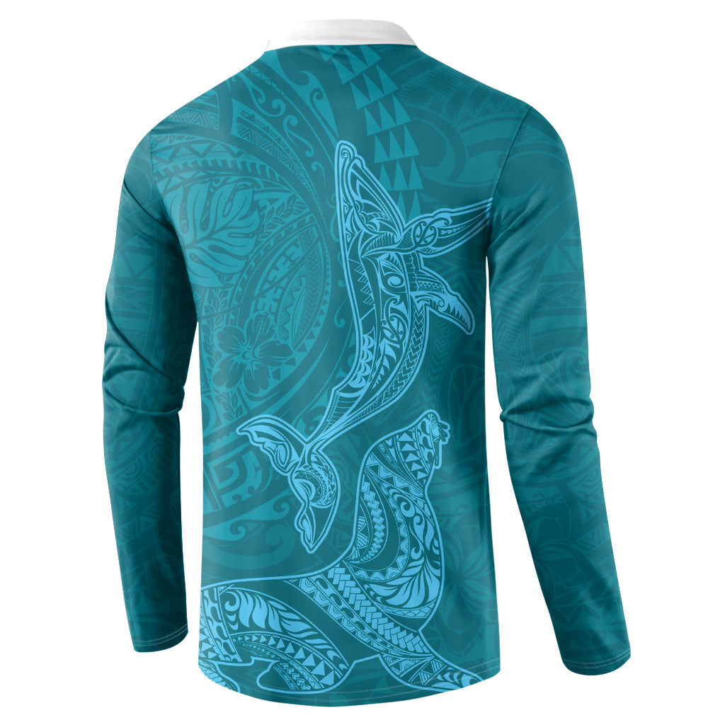 Hawaiian Monk Seal and Whale Button Sweatshirt Kakau Tribal Pattern Teal Color LT03 - Polynesian Pride