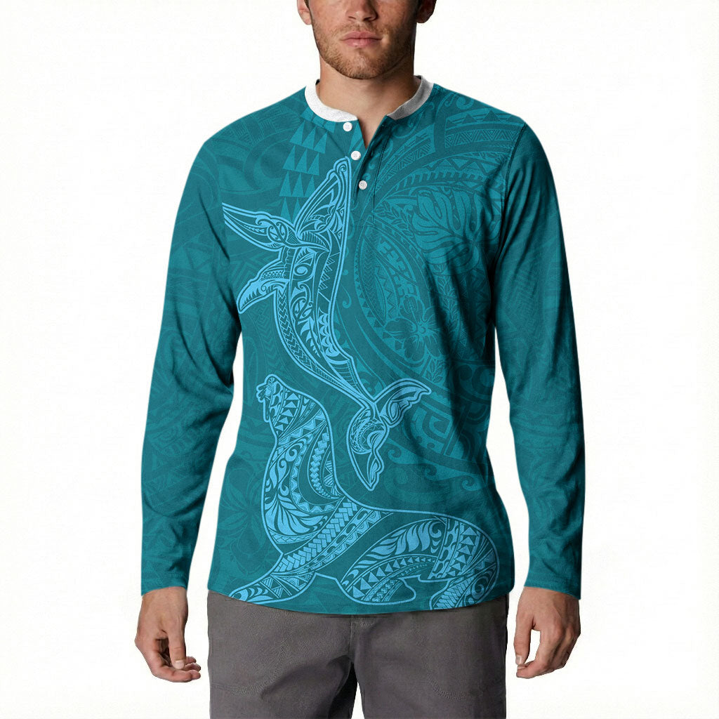 Hawaiian Monk Seal and Whale Button Sweatshirt Kakau Tribal Pattern Teal Color LT03 - Polynesian Pride