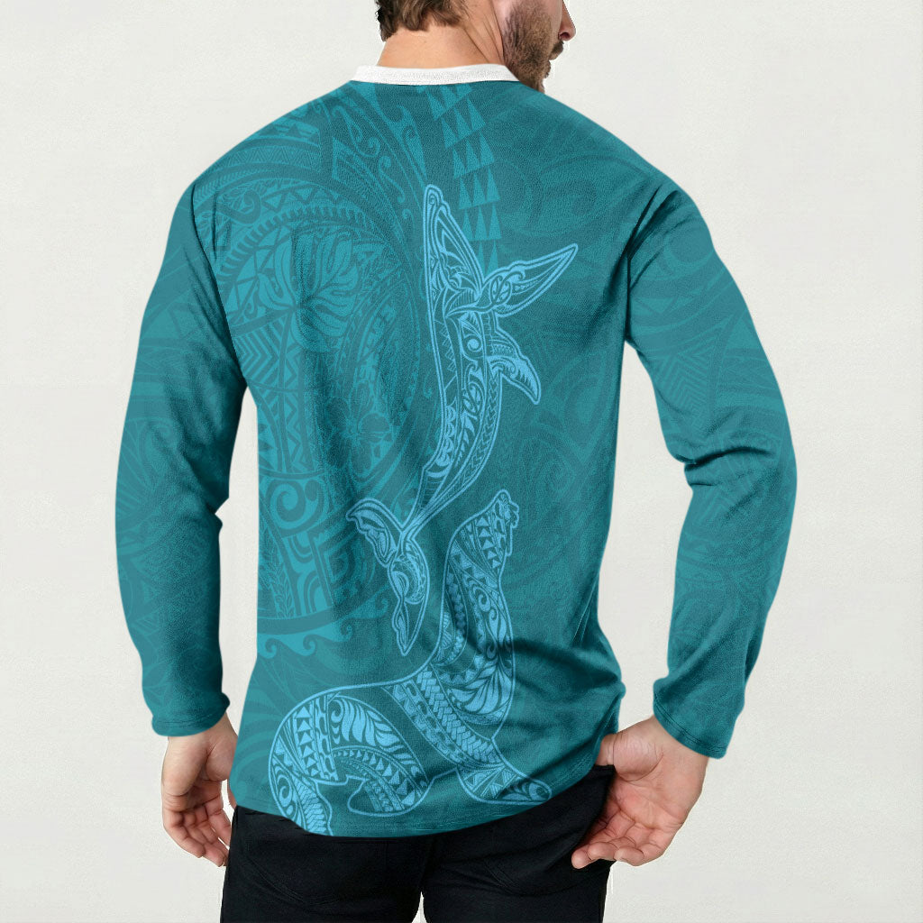 Hawaiian Monk Seal and Whale Button Sweatshirt Kakau Tribal Pattern Teal Color LT03 - Polynesian Pride
