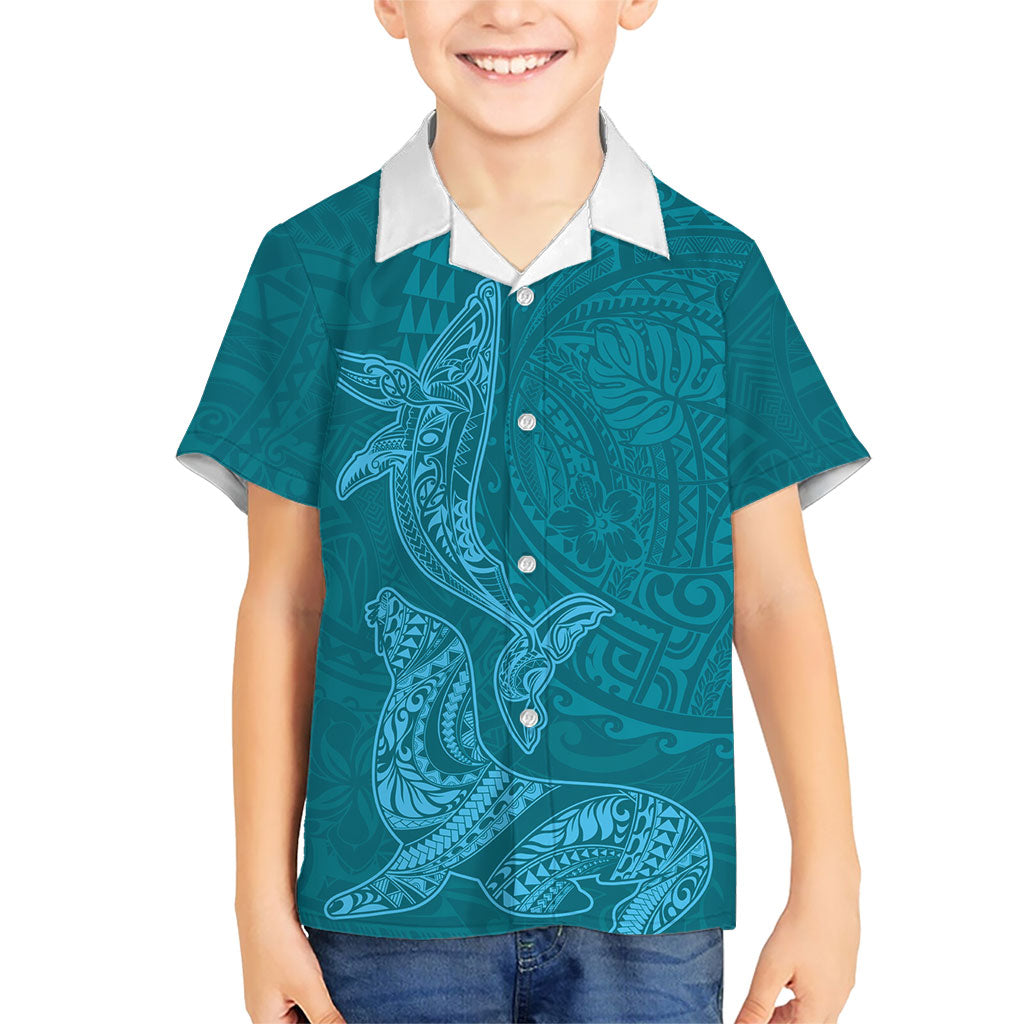 Hawaiian Monk Seal and Whale Kid Hawaiian Shirt Kakau Tribal Pattern Teal Color LT03 Kid Teal - Polynesian Pride