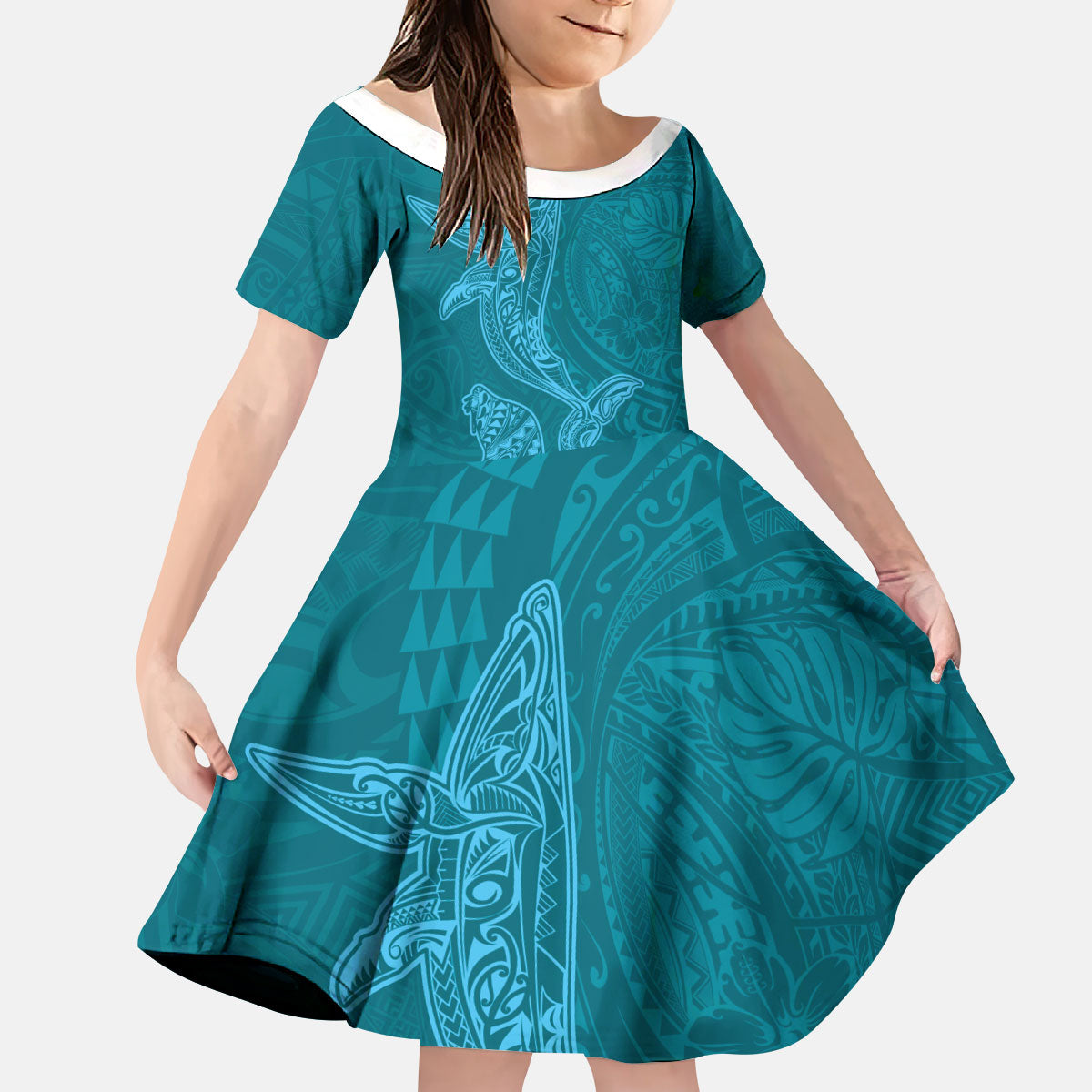 Hawaiian Monk Seal and Whale Kid Short Sleeve Dress Kakau Tribal Pattern Teal Color LT03 KID Teal - Polynesian Pride