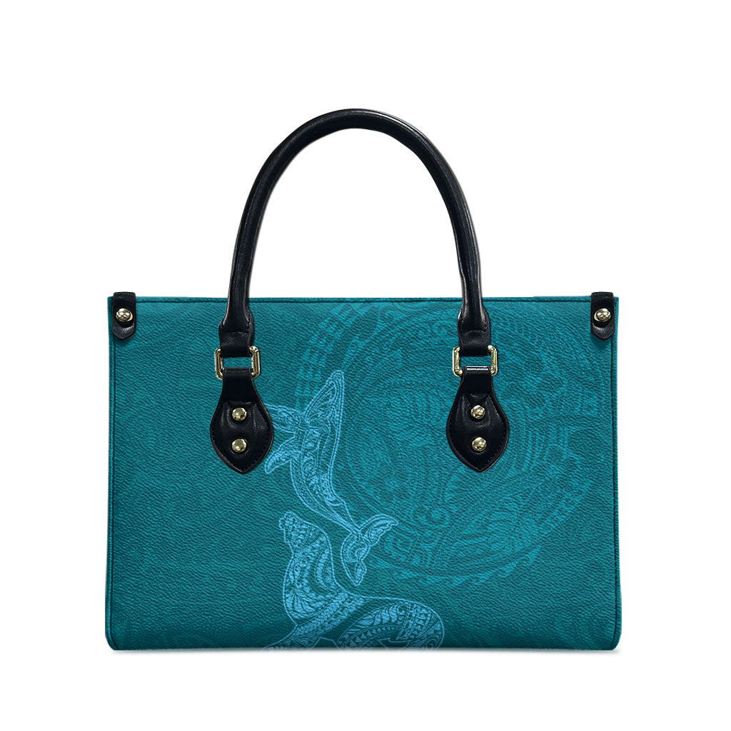 Hawaiian Monk Seal and Whale Leather Bag Kakau Tribal Pattern Teal Color LT03 - Polynesian Pride
