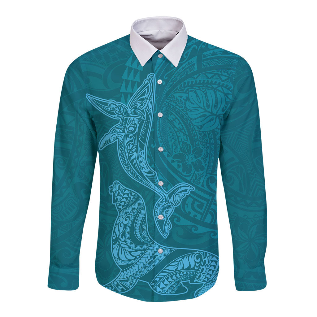 Hawaiian Monk Seal and Whale Long Sleeve Button Shirt Kakau Tribal Pattern Teal Color LT03 Unisex Teal - Polynesian Pride