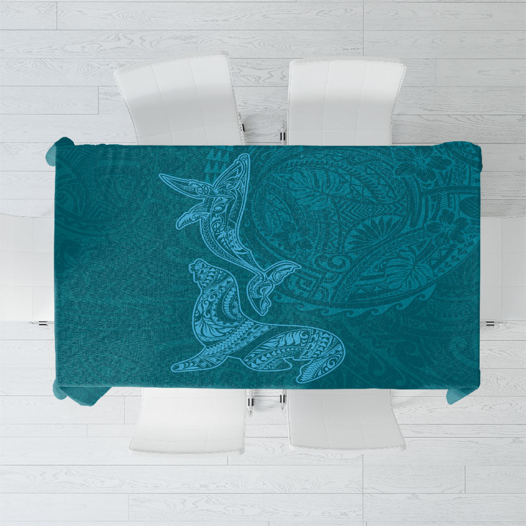 Hawaiian Monk Seal and Whale Tablecloth Kakau Tribal Pattern Teal Color LT03 Teal - Polynesian Pride