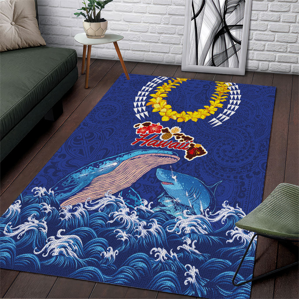 Hawaiian Sea Animals Area Rug Whales Shark and Turtle Guardians with Tribal Pattern LT03 Blue - Polynesian Pride