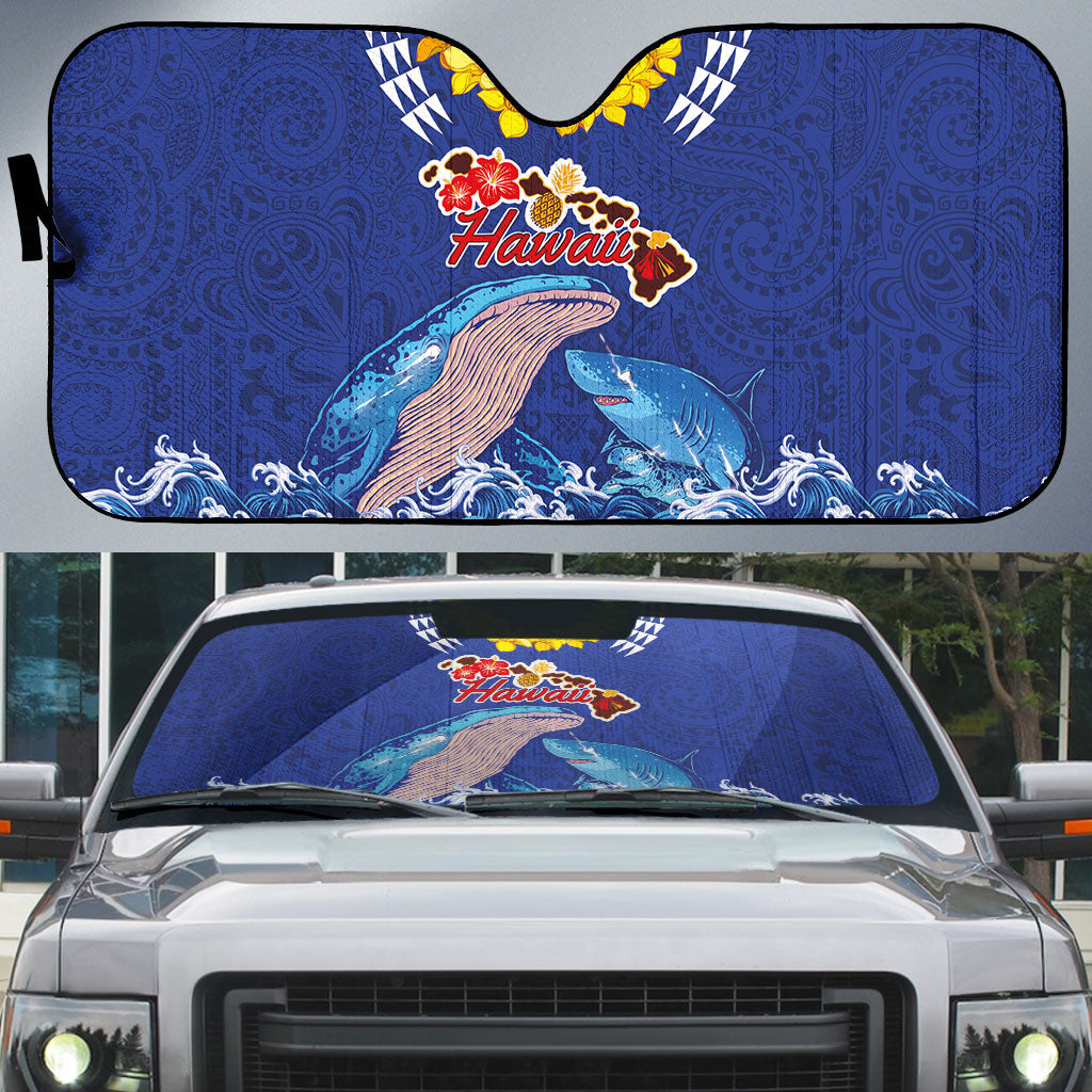 Hawaiian Sea Animals Auto Sun Shade Whales Shark and Turtle Guardians with Tribal Pattern LT03 Blue - Polynesian Pride