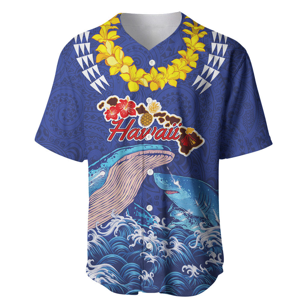 Hawaiian Sea Animals Baseball Jersey Whales Shark and Turtle Guardians with Tribal Pattern LT03 Blue - Polynesian Pride
