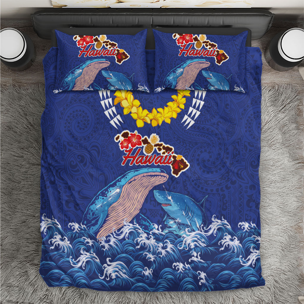 Hawaiian Sea Animals Bedding Set Whales Shark and Turtle Guardians with Tribal Pattern LT03 Blue - Polynesian Pride