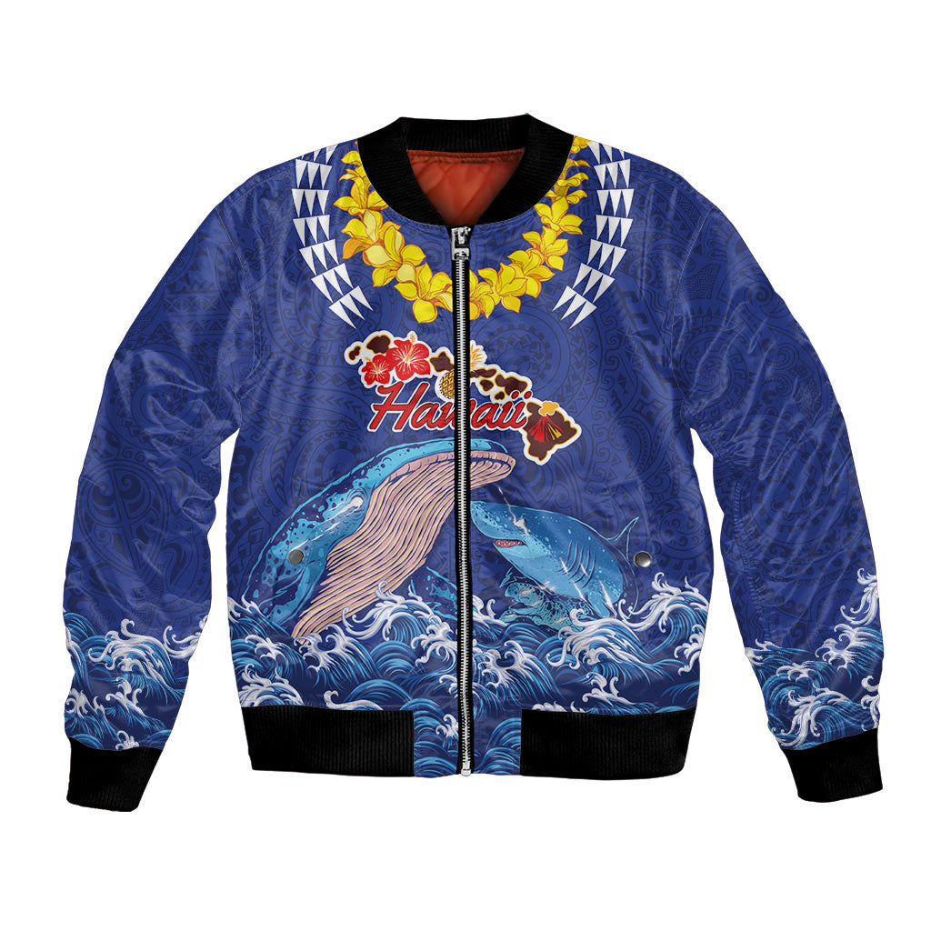 Hawaiian Sea Animals Bomber Jacket Whales Shark and Turtle Guardians with Tribal Pattern LT03 Unisex Blue - Polynesian Pride
