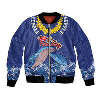Hawaiian Sea Animals Bomber Jacket Whales Shark and Turtle Guardians with Tribal Pattern LT03 Unisex Blue - Polynesian Pride