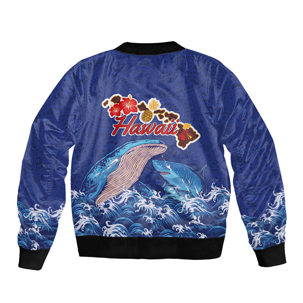 Hawaiian Sea Animals Bomber Jacket Whales Shark and Turtle Guardians with Tribal Pattern LT03 - Polynesian Pride