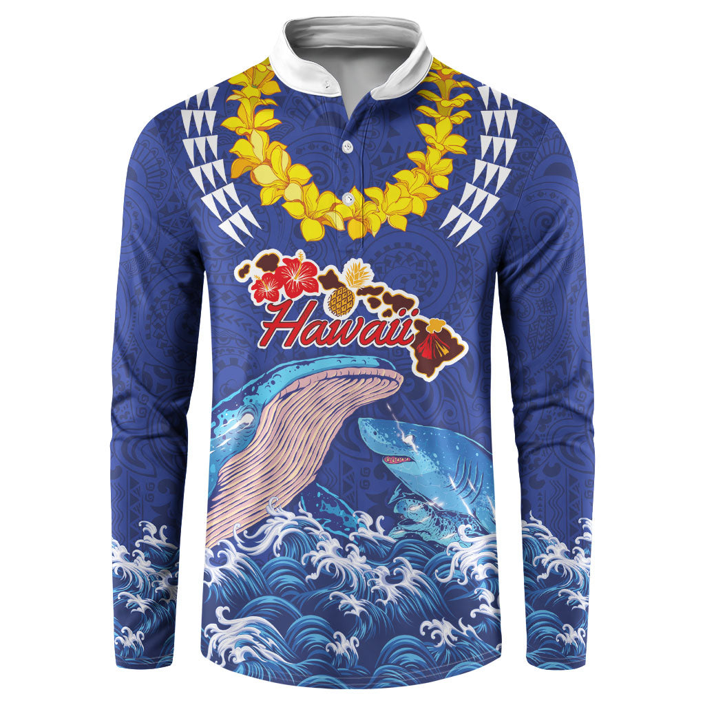 Hawaiian Sea Animals Button Sweatshirt Whales Shark and Turtle Guardians with Tribal Pattern LT03 Blue - Polynesian Pride