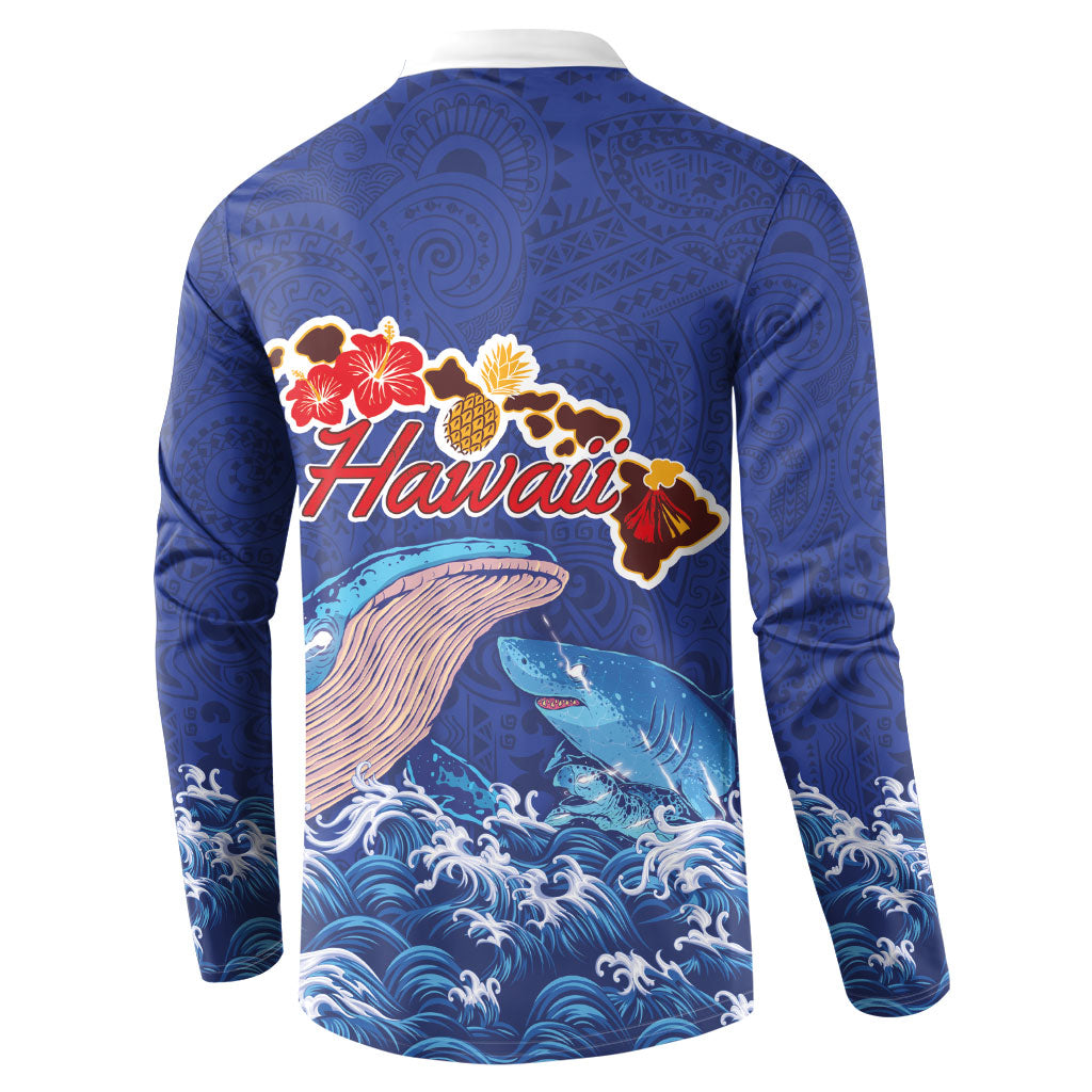 Hawaiian Sea Animals Button Sweatshirt Whales Shark and Turtle Guardians with Tribal Pattern LT03 - Polynesian Pride
