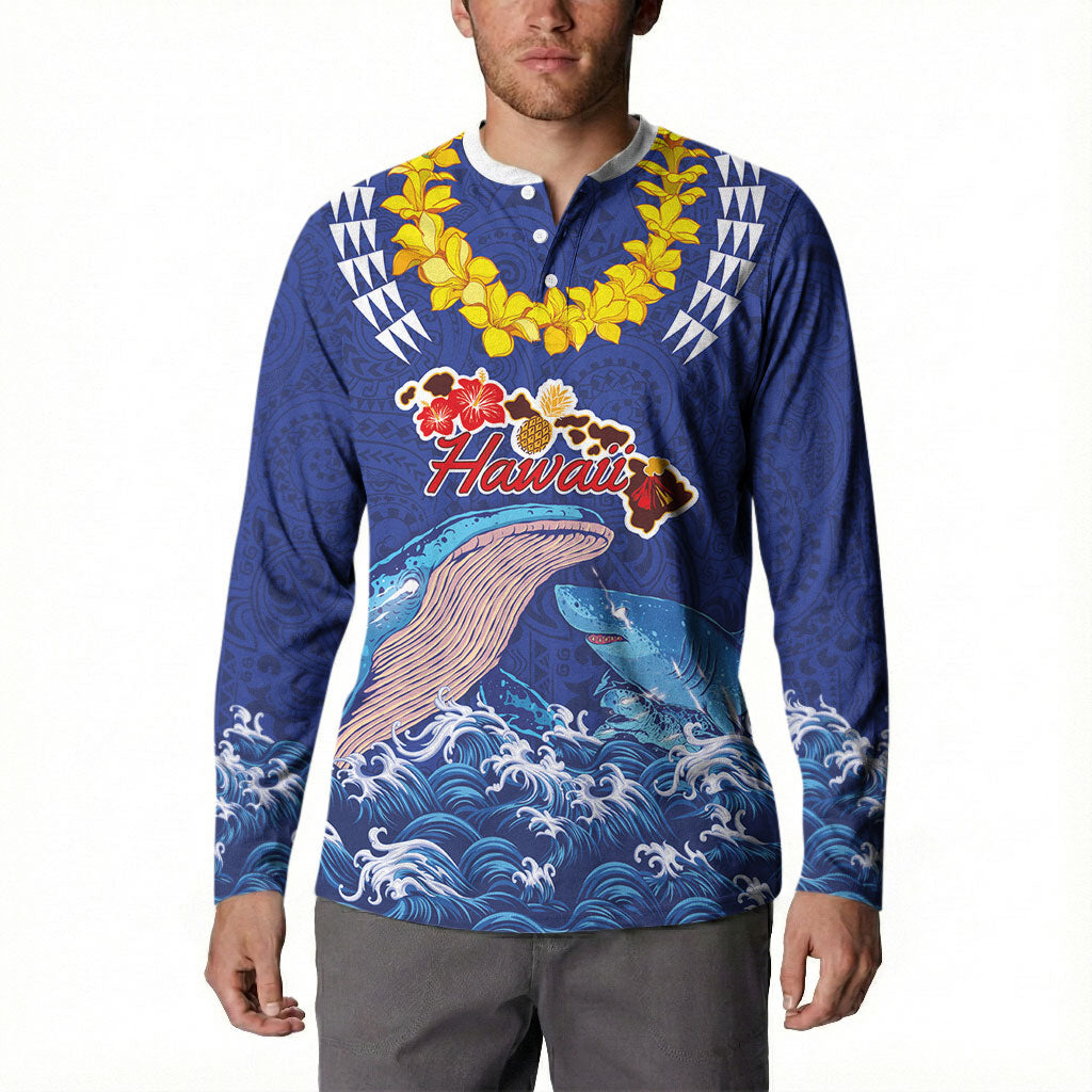 Hawaiian Sea Animals Button Sweatshirt Whales Shark and Turtle Guardians with Tribal Pattern LT03 - Polynesian Pride