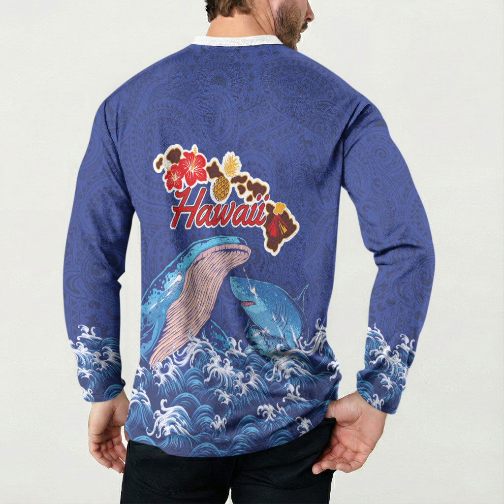 Hawaiian Sea Animals Button Sweatshirt Whales Shark and Turtle Guardians with Tribal Pattern LT03 - Polynesian Pride