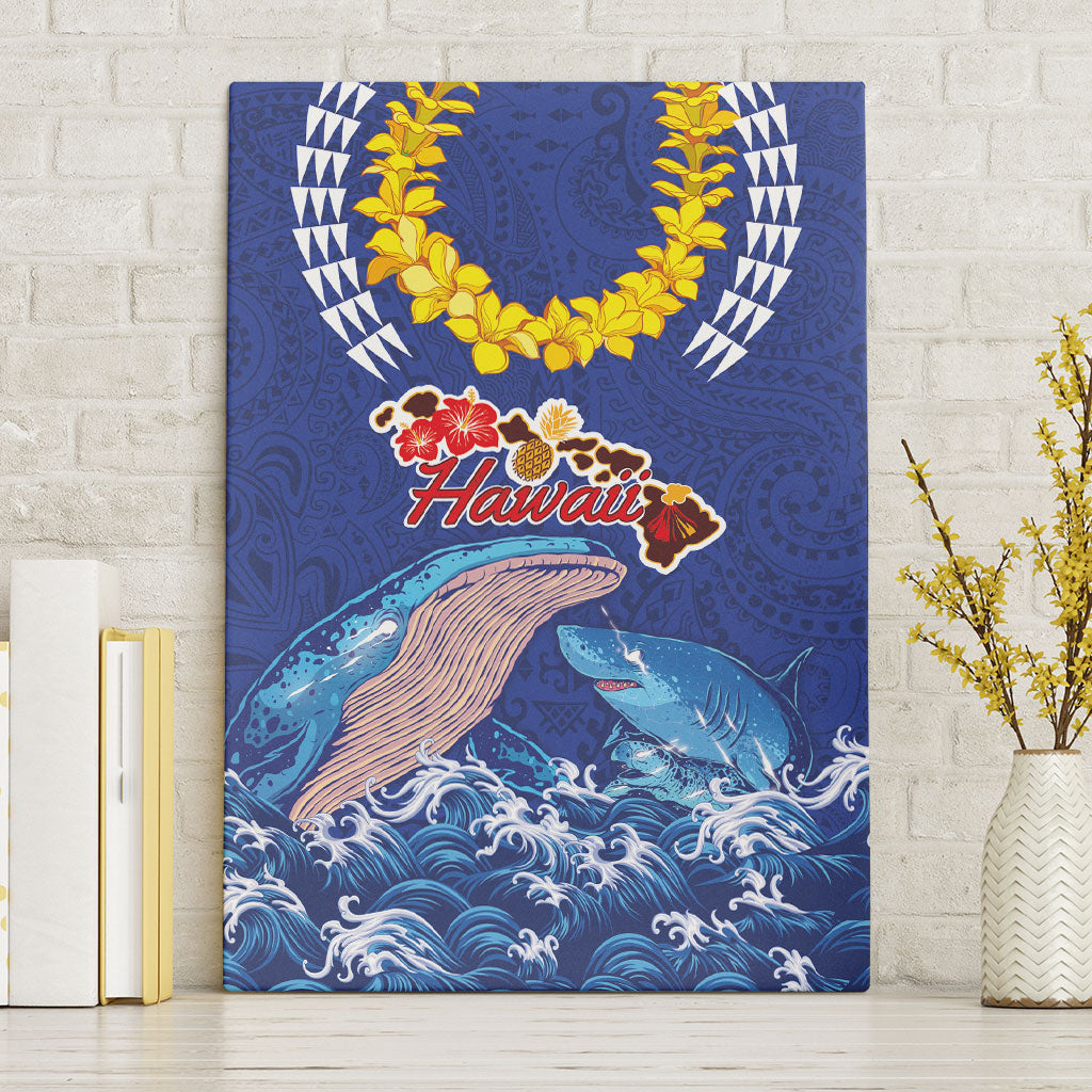 Hawaiian Sea Animals Canvas Wall Art Whales Shark and Turtle Guardians with Tribal Pattern LT03 Without Frame Blue - Polynesian Pride