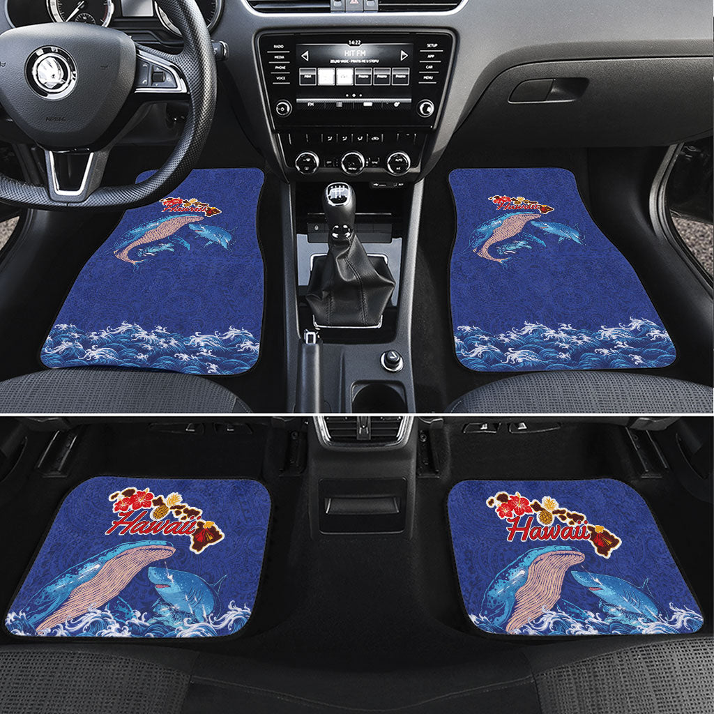 Hawaiian Sea Animals Car Mats Whales Shark and Turtle Guardians with Tribal Pattern LT03 Set 4pcs Blue - Polynesian Pride