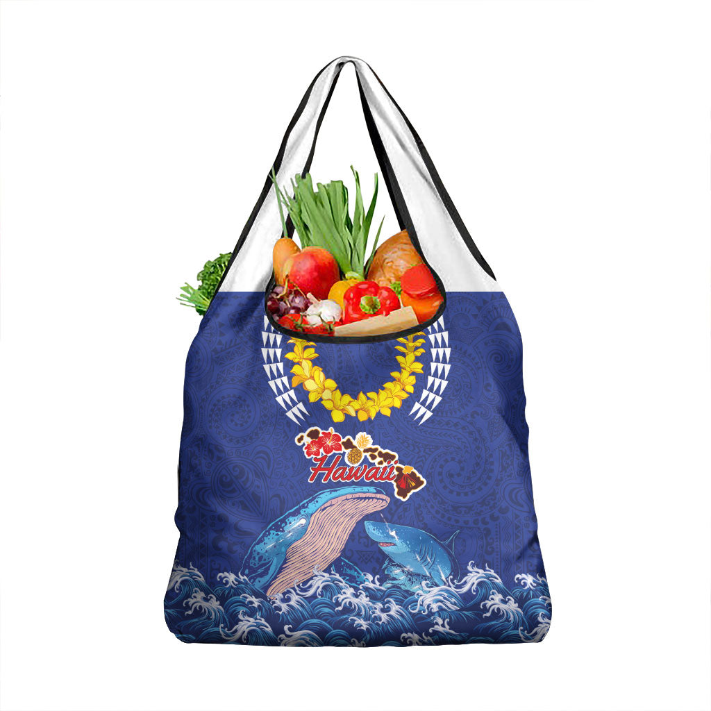 Hawaiian Sea Animals Grocery Bag Whales Shark and Turtle Guardians with Tribal Pattern LT03 1-pack One Size Blue - Polynesian Pride