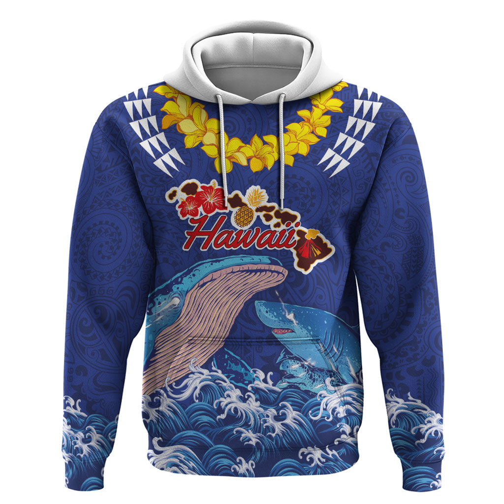 Hawaiian Sea Animals Hoodie Whales Shark and Turtle Guardians with Tribal Pattern LT03 Pullover Hoodie Blue - Polynesian Pride