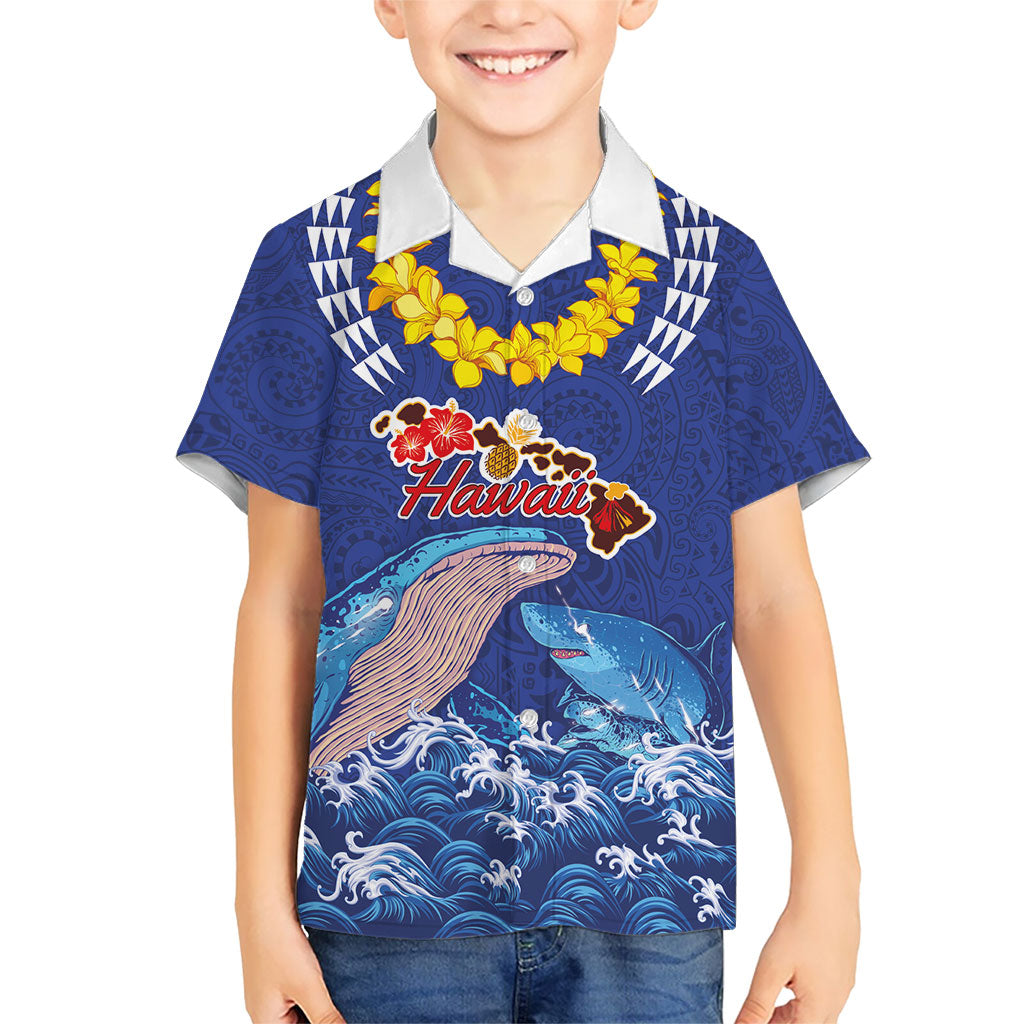 Hawaiian Sea Animals Kid Hawaiian Shirt Whales Shark and Turtle Guardians with Tribal Pattern LT03 Kid Blue - Polynesian Pride
