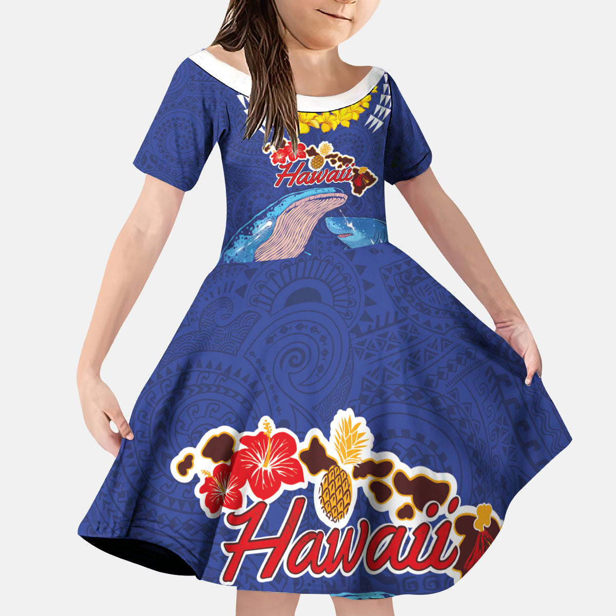 Hawaiian Sea Animals Kid Short Sleeve Dress Whales Shark and Turtle Guardians with Tribal Pattern LT03 KID Blue - Polynesian Pride