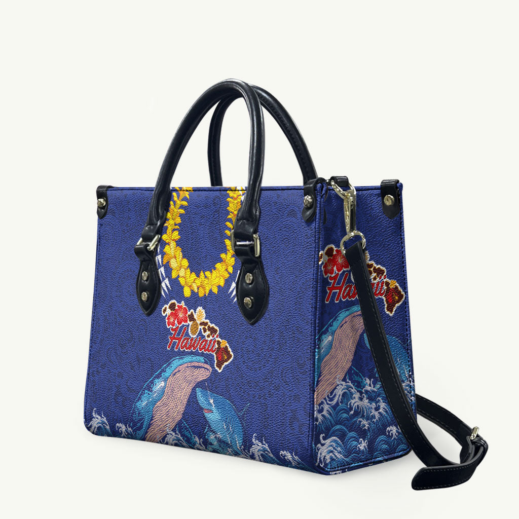 Hawaiian Sea Animals Leather Bag Whales Shark and Turtle Guardians with Tribal Pattern LT03 Blue - Polynesian Pride